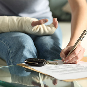 Injured person with arm cast documenting accident details and injuries for a claim in Kentucky